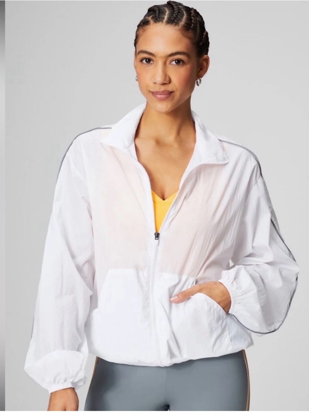 NWT $90 Fabletics Oversized Windbreaker Jacket XXS White Reflective Silver